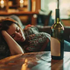 Kobieta śpi na kanapie, obok butelka wina i kieliszek. Wygląda na to, że dopadło ją zatrucie alkoholowe.