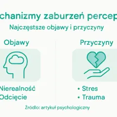 Mechanizmy zaburzeń percepcji: objawy (nierealność, odcięcie) i przyczyny (stres, trauma). Depersonalizacja może być skutkiem tych czynników.