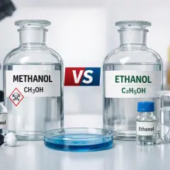 Etanol co to? Porównanie metanolu i etanolu w laboratorium. Widać butelki z chemikaliami, symbol zagrożenia i model cząsteczki.