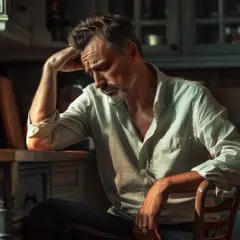 Mężczyzna w kuchni, zamyślony, z kieliszkiem wina. Może to być moment refleksji, albo po prostu kac.