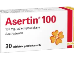 Opakowanie leku Asertin 100 mg, zawierające 30 tabletek powlekanych z sertraliną.