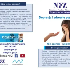 Obraz przedstawia kobietę ukrywającą twarz w dłoniach, symbolizującą cierpienie związane z chorobami psychicznymi, oraz dłoń wyciągniętą w geście wsparcia.