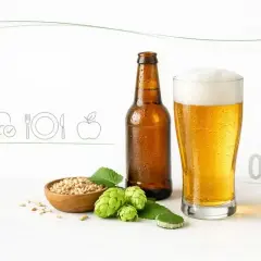 Czy piwo jest zdrowe? Na zdjęciu piwo, chmiel, słód i symbole zdrowia. 0.0% alkoholu.