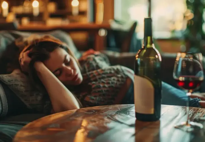 Kobieta śpi na kanapie, obok butelka wina i kieliszek. Wygląda na to, że dopadło ją zatrucie alkoholowe.