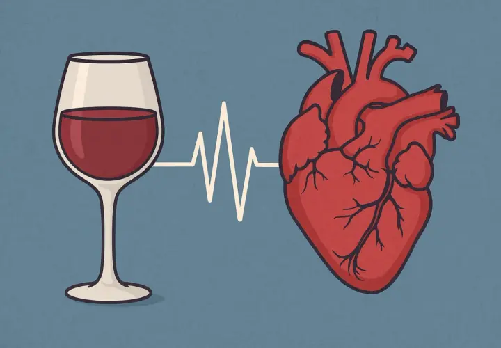 Kieliszek czerwonego wina połączony linią EKG z sercem. Czy alkohol podnosi ciśnienie?