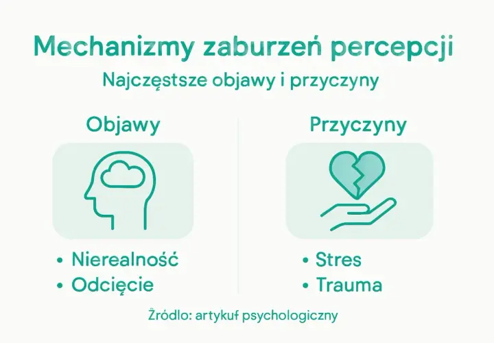 Mechanizmy zaburzeń percepcji: objawy (nierealność, odcięcie) i przyczyny (stres, trauma). Depersonalizacja może być skutkiem tych czynników.