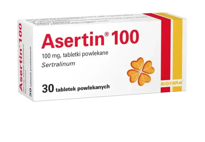 Opakowanie leku Asertin 100 mg, zawierające 30 tabletek powlekanych z sertraliną.