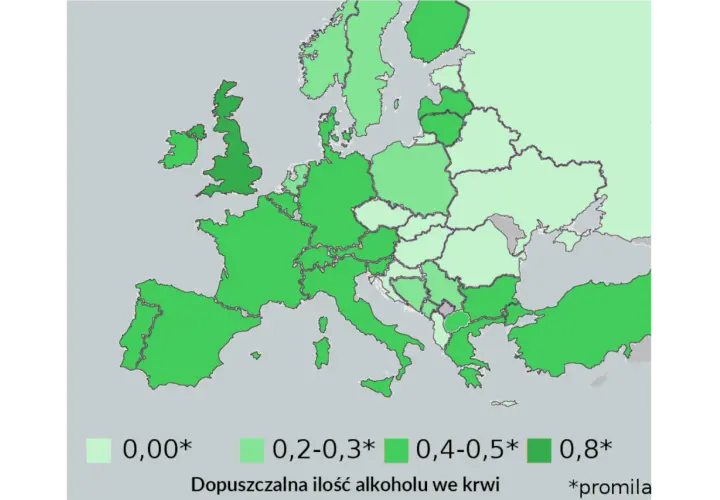 Mapa Europy pokazująca dopuszczalną ilość alkoholu we krwi. Różne odcienie zieleni oznaczają przedziały promili.