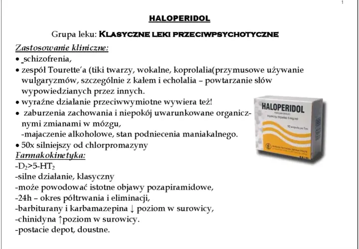 Opis leku **haloperidol**, klasycznego leku przeciwpsychotycznego, stosowanego m.in. w schizofrenii i zespole Tourette'a. Widoczna paczka leku.