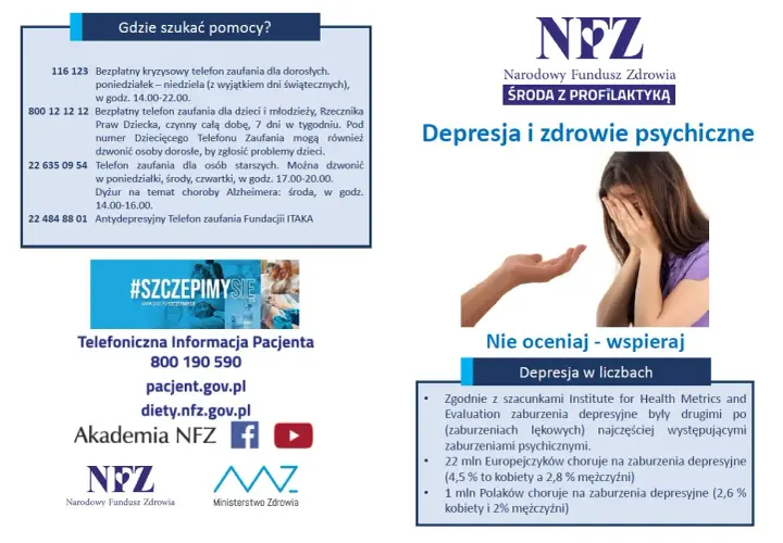 Obraz przedstawia kobietę ukrywającą twarz w dłoniach, symbolizującą cierpienie związane z chorobami psychicznymi, oraz dłoń wyciągniętą w geście wsparcia.