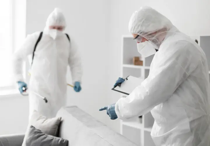 Dwóch specjalistów w kombinezonach ochronnych dezynfekuje mieszkanie. Jeden z nich trzyma opryskiwacz, drugi notuje na kartce. Może to być dezynfekcja po chorobie, lub użycie denaturatu do czyszczenia.