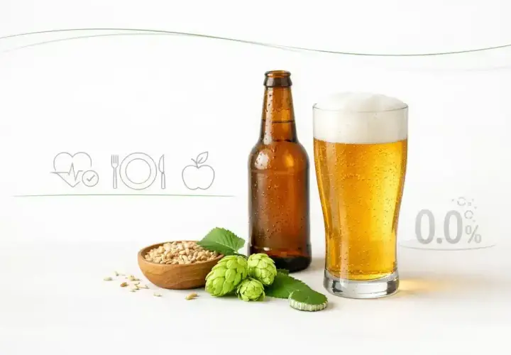 Czy piwo jest zdrowe? Na zdjęciu piwo, chmiel, słód i symbole zdrowia. 0.0% alkoholu.