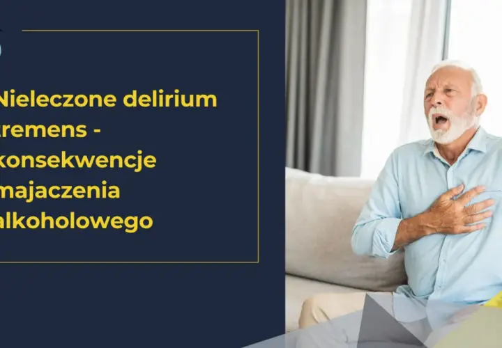 Starszy mężczyzna z bólem w klatce piersiowej, symbolizujący konsekwencje nieleczonego delirium tremens.