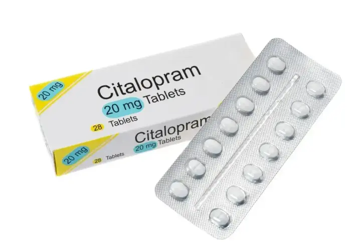 Opakowanie i blister tabletek Citalopram 20 mg, leku stosowanego w leczeniu depresji.
