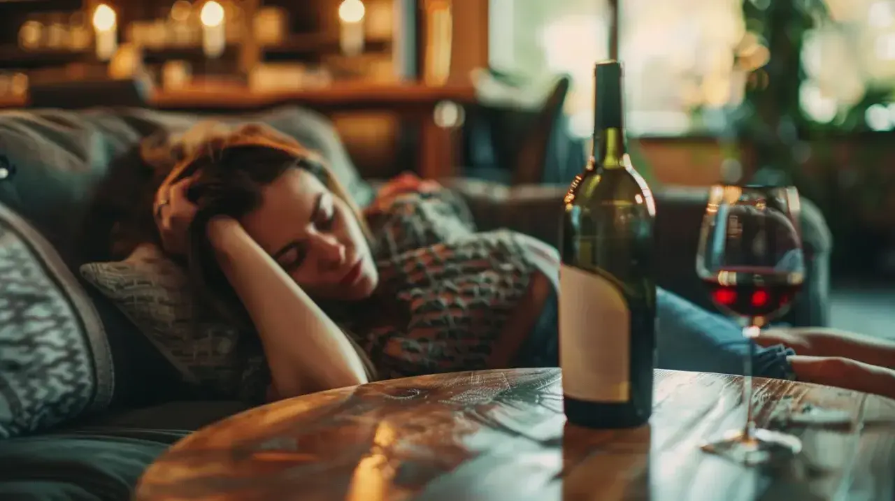 Kobieta śpi na kanapie, obok butelka wina i kieliszek. Wygląda na to, że dopadło ją zatrucie alkoholowe.