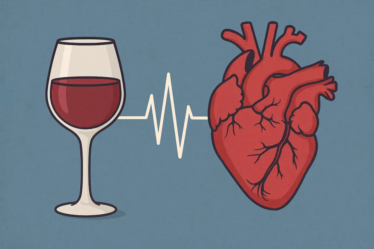 Kieliszek czerwonego wina połączony linią EKG z sercem. Czy alkohol podnosi ciśnienie?