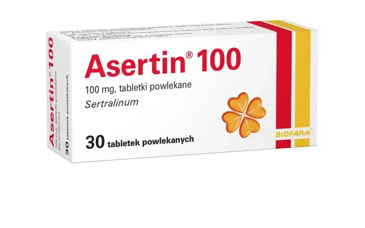 Opakowanie leku Asertin 100 mg, zawierające 30 tabletek powlekanych z sertraliną.