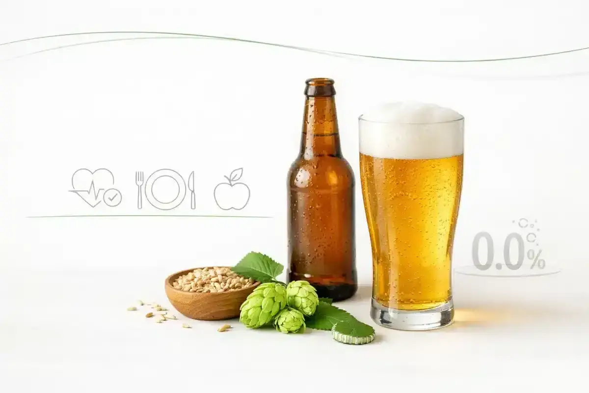 Czy piwo jest zdrowe? Na zdjęciu piwo, chmiel, słód i symbole zdrowia. 0.0% alkoholu.