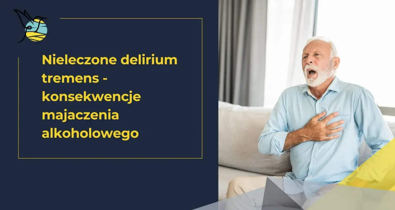 Starszy mężczyzna z bólem w klatce piersiowej, symbolizujący konsekwencje nieleczonego delirium tremens.