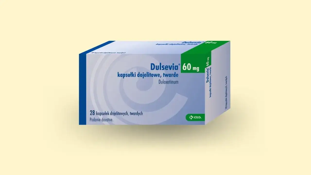 Opakowanie leku Dulsevia 60 mg, zawierające 28 kapsułek dojelitowych.